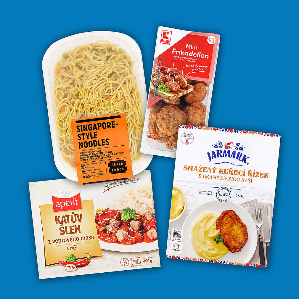 Sleva 30 % za 100 bodů na různé druhy hotových jídel značek K-Classic, K-Jarmark a apetit s modrým pozadím