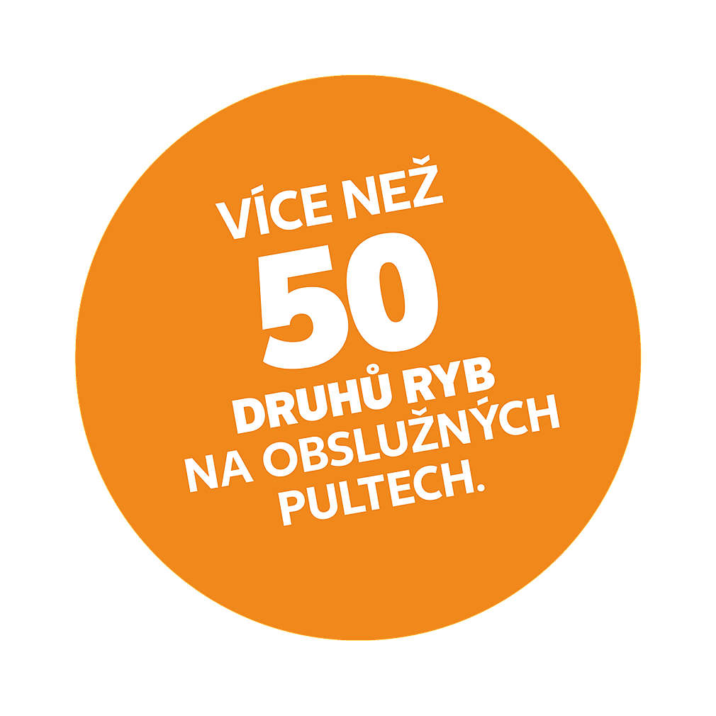 Červená ikona - více než 50 druhů ryb na obslužných pultech.