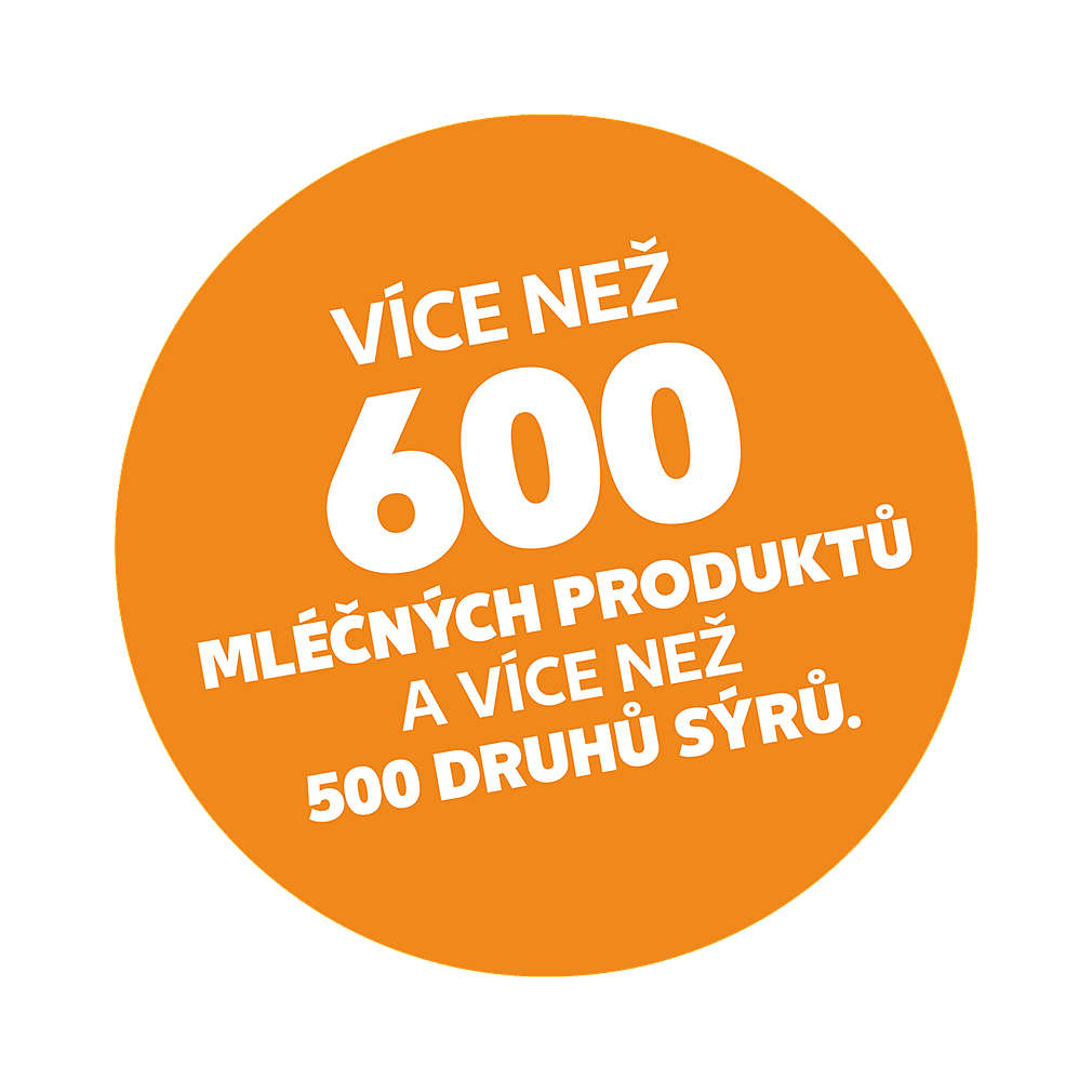 červená ikona - více než 600 mléčných produktů a více než 500 druhů sýrů