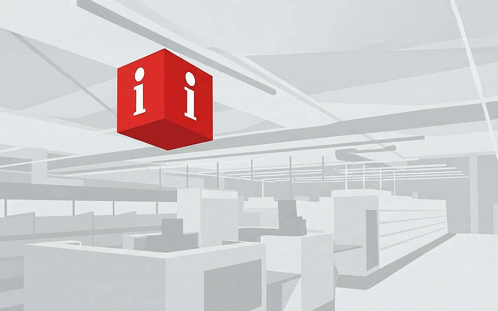 červená krychle se symbolem informace v prodejně Kaufland