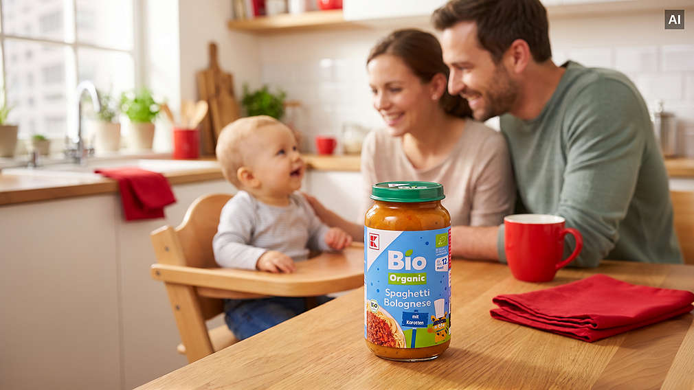 Im Vordergrund steht ein Glas K-Bio-Oragnic Spaghetti-Bolognese Babybrei auf einem Holztisch, im Hintergrund lächelnde Eltern und ihr Baby in einem Hochstuhl in einer hellen Küche. (AI-generiert), Im Vordergrund steht ein Glas K-Bio-Oragnic Spaghetti-Bolognese Babybrei auf einem Holztisch, im Hintergrund l�chelnde Eltern und ihr Baby in einem Hochstuhl in einer hellen K�che. (AI-generiert)