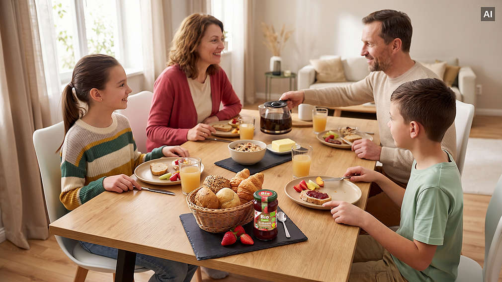 Eine lächelnde Familie sitzt in einem hellen Raum gemeinsam an einem Holztisch beim Frühstück, während im Vordergrund ein Glas K-Bio-Organic Erdbeermarmelade neben einem gefüllten Brotkorb und frischen Erdbeeren steht. (AI-generiert), Eine l�chelnde Familie sitzt in einem hellen Raum gemeinsam an einem Holztisch beim Fr�hst�ck, w�hrend im Vordergrund ein Glas K-Bio-Organic Erdbeermarmelade neben einem gef�llten Brotkorb und frischen Erdbeeren steht. (AI-generiert)