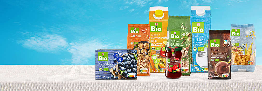 Produktová řada K-Bio výrobků vhodných k přípravě snídaně.