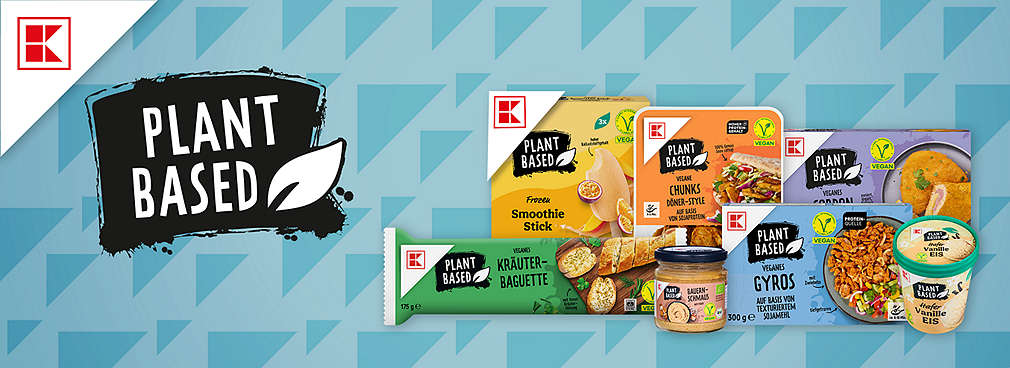 Logo: K-Plant Based; aranż z kilku produktów tej marki