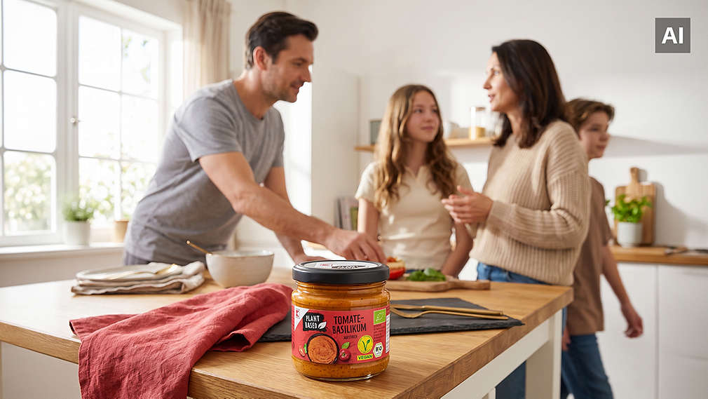 Im Vordergrund steht ein Glas pflanzlicher Tomate-Basilikum-Aufstrich auf einem Holztisch, während im Hintergrund eine Familie gemeinsam in der hellen Küche Essen zubereitet, Im Vordergrund steht ein Glas pflanzlicher Tomate-Basilikum-Aufstrich auf einem Holztisch, w�hrend im Hintergrund eine Familie gemeinsam in der hellen K�che Essen zubereitet