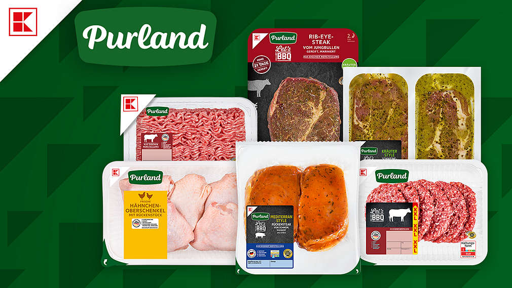 Eine Auswahl verschiedener Fleischprodukte der Marke K-Purland, darunter Hackfleisch, Hähnchenschenkel, marinierte Steaks und Burger-Patty-Varianten auf einem grünem Hintergrund mit Dreiecken arrangiert., Eine Auswahl verschiedener Fleischprodukte der Marke K-Purland, darunter Hackfleisch, H�hnchenschenkel, marinierte Steaks und Burger-Patty-Varianten auf einem gr�nem Hintergrund mit Dreiecken arrangiert.