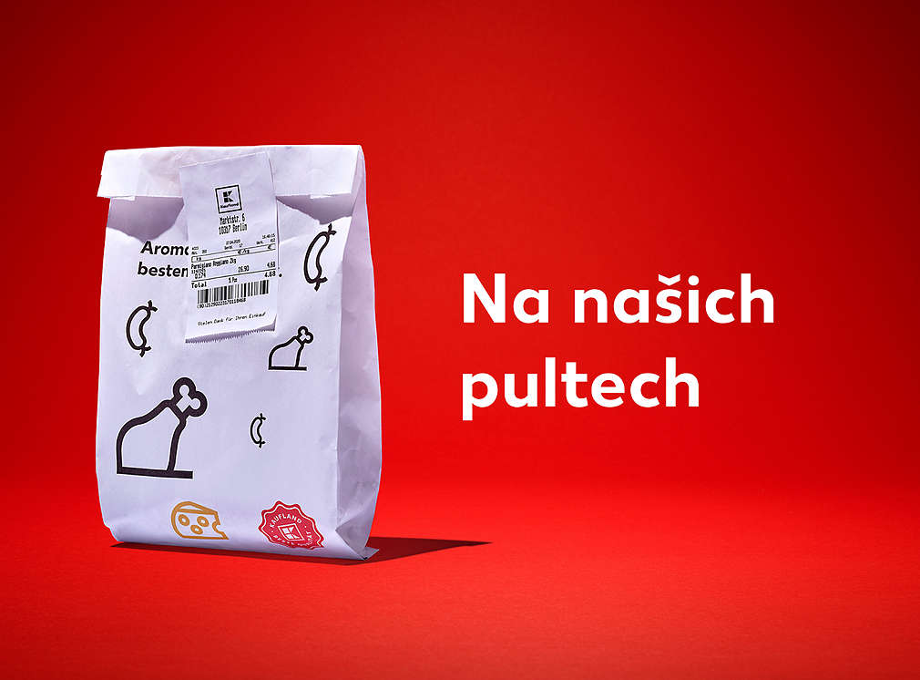 Sáček s čárovým kódem a text Na našich pultech