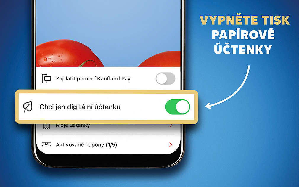 Mobilní telefon, aplikace Kaufland, jak vypnout tisk papírové účtenky