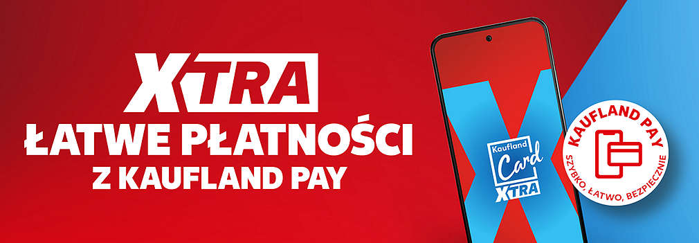 Kaufland Pay z XTRA, telefon z z niebieskim znaczkiem X na ekranie i inne elementy graficzne