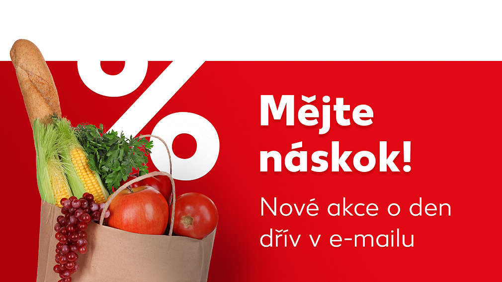 Nákupní taška a text: Mějte náskok! Nové akce o den dřív v e-mailu.