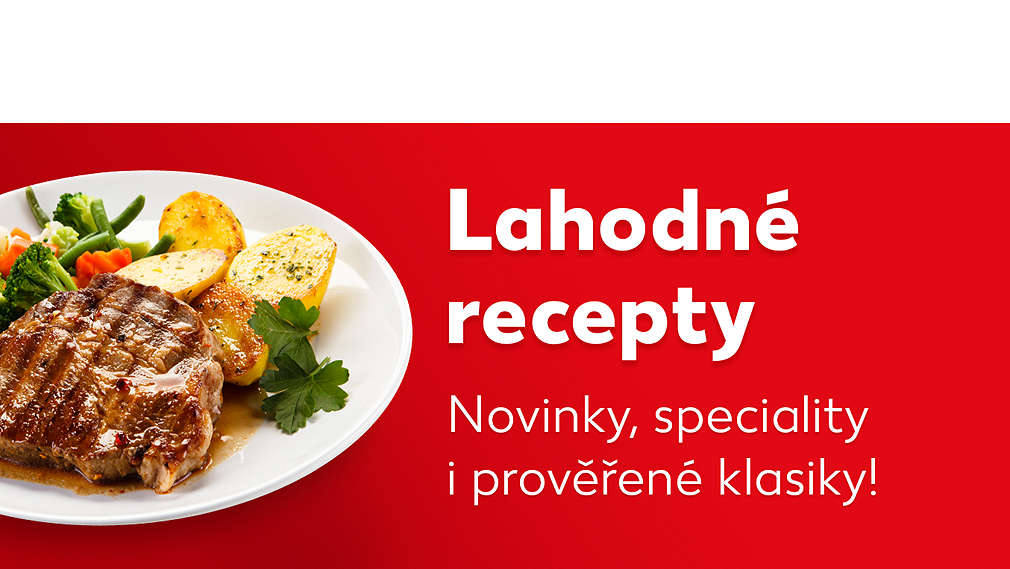 Talíř s jídlem a text: Lahodné recepty. Novinky, speciality i prověřené klasiky
