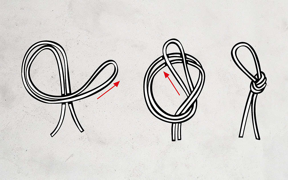 Ilustrácia ako návod, pozostávajúca z troch obrázkových krokov na viazanie vodcovského uzla.