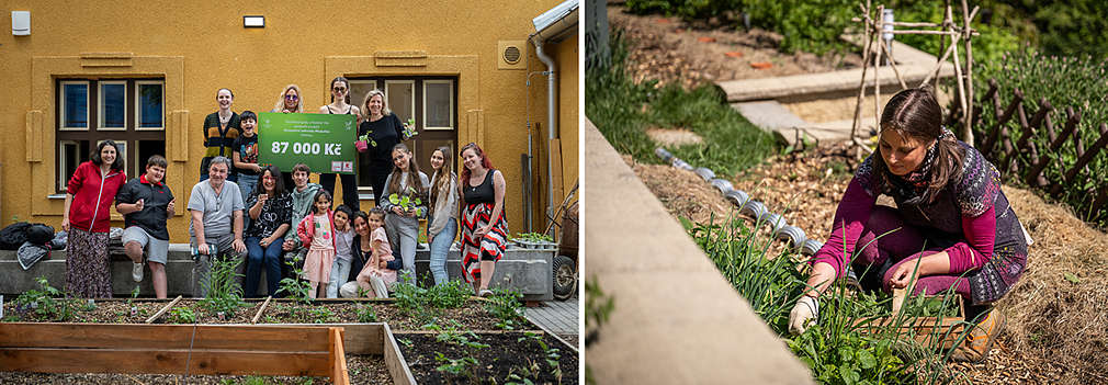 Lidé s grantovými šeky. Komunitní zahrada Meduňka na Praze 3, která byla podpořená částkou 87 000 Kč.