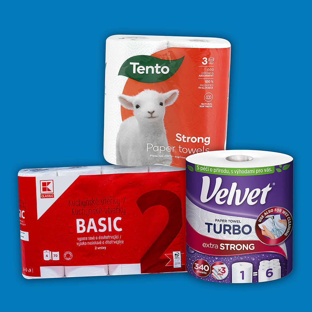 Sleva 30 % za 100 bodů na různé druhy papírových utěrek značek K-Classic, Tento a Velvet v různých velikostích s modrým pozadím