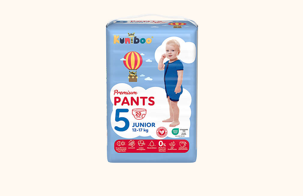 Eine Packung Kuniboo Premium Pants Windeln der Größe 5, geeignet für Kinder mit einem Gewicht von 12-17 kg, mit einem Heißluftballon-Design und der Aufschrift "Premium Pants". 20834322, Eine Packung Kuniboo Premium Pants Windeln der Gr��e 5, geeignet f�r Kinder mit einem Gewicht von 12-17 kg, mit einem Hei�luftballon-Design und der Aufschrift "Premium Pants". 20834322