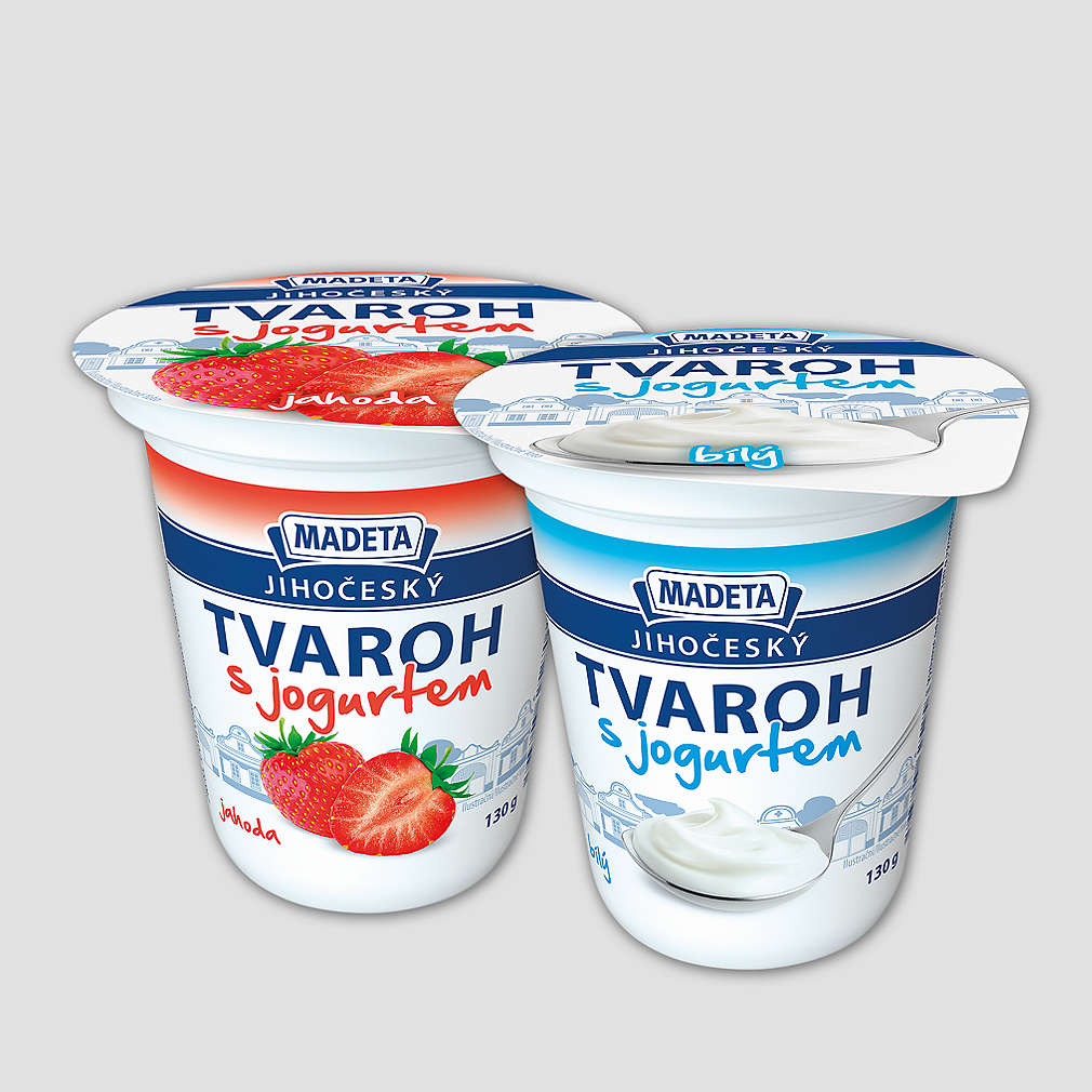 Sleva 30 % za 1 bod na různé druhy Madeta Jihočeský tvaroh s jogurtem 130 g, na obrázku znázorněn jahodový a klasický tvaroh s jogurtem s šedým pozadím