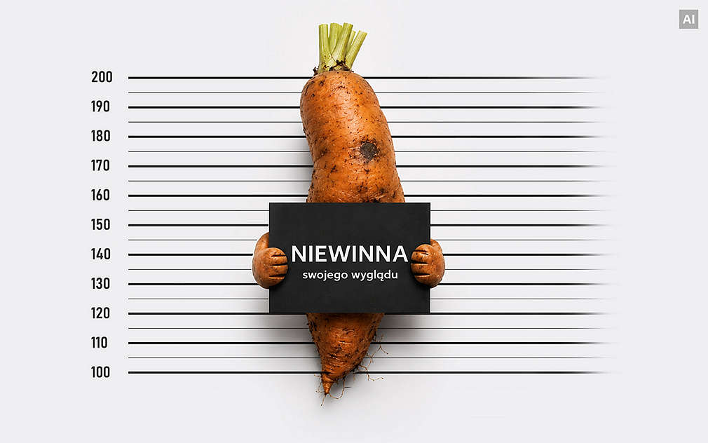 Marchewka z tabliczka jak w więzieniu: Napis na tabliczce NIEWINNA swojego wyglądu]