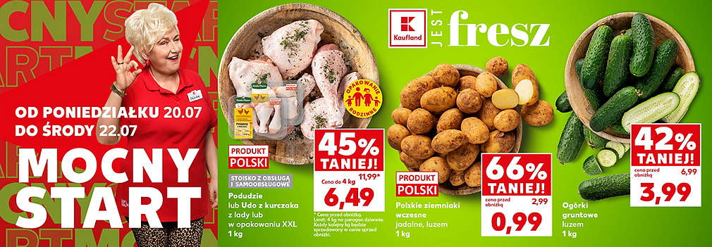 podudzie lub udo z kurczaka, ziemniaki wczesne i ogórki gruntowe