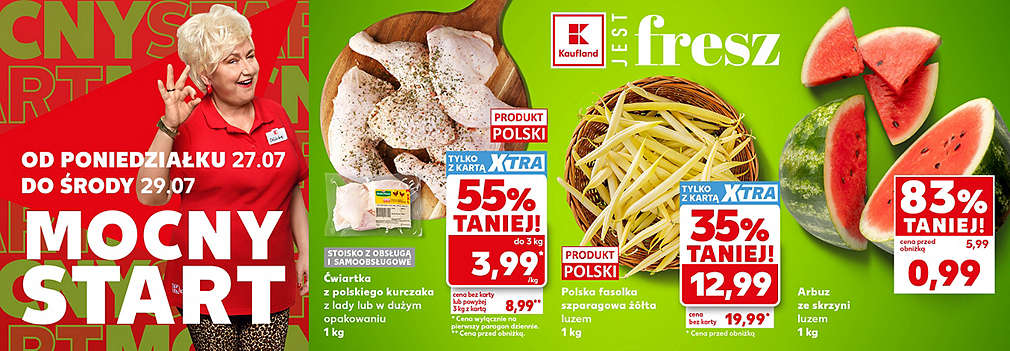 arbuz, ćwiartki kurczaka i fasolka szparagowa