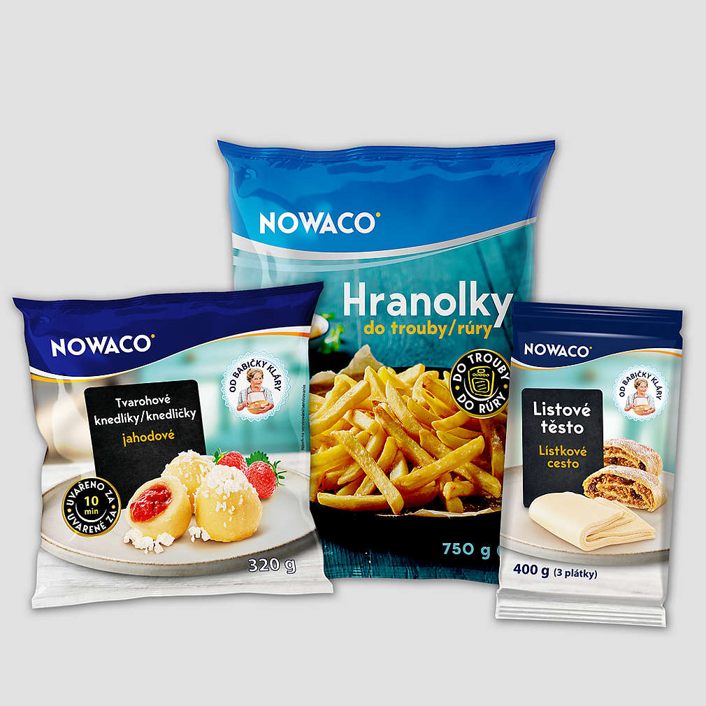 Sleva 35 % za 1 bod na produkty značky Nowaco, na obrázku znázorněny chlazené produkty Hranolky, listové těcko a plněné knedlíky s šedým pozadím