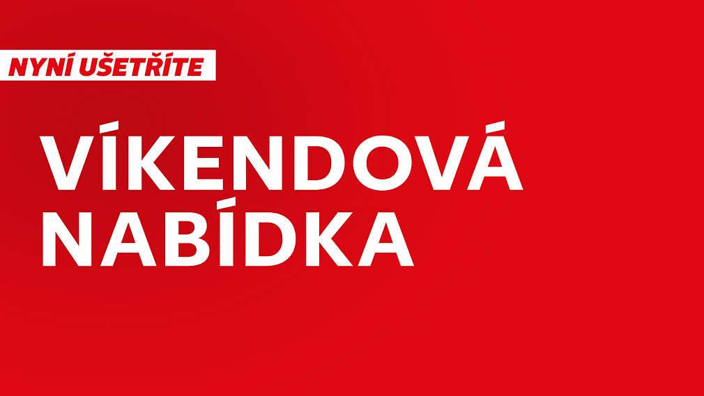 Červené pozadí s bílým textem: víkendová nabídka