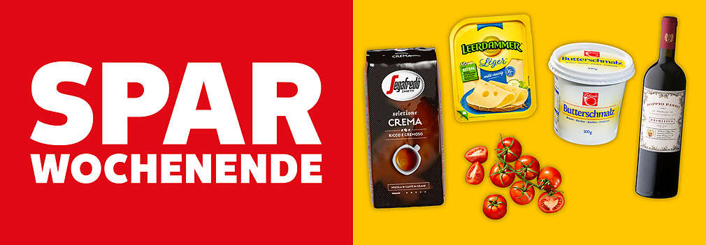Versch. Angebote zum Spar-Wochenende; Schriftzug links: Spar-Wochenende – Superfreitag, Supersamstag, supergünstig