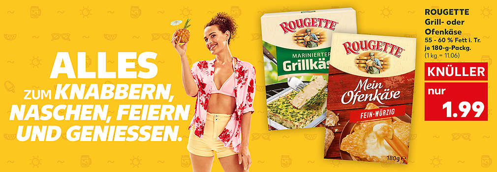 Produktabbildung: ROUGETTE Grill- oder Ofenkäse; versch. Sorten, 55 - 60 % Fett i. Tr.,  je 180-g-Packg.; - 42 %, 1.99 Euro (1 kg = 11.06); Schriftzug: Alles zum knabber, naschen, feiern und genießen.