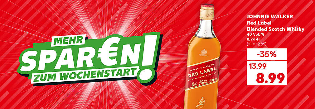 Produktabbildung: JOHNNIE WALKER Red Label Blended Scotch Whisky vielseitig mit starkem Charakter, 0,7-l-Fl., - 35 %, 8.99 Euro (1 l = 12.85); Schriftzug: Mo-Mi der Wochenstart