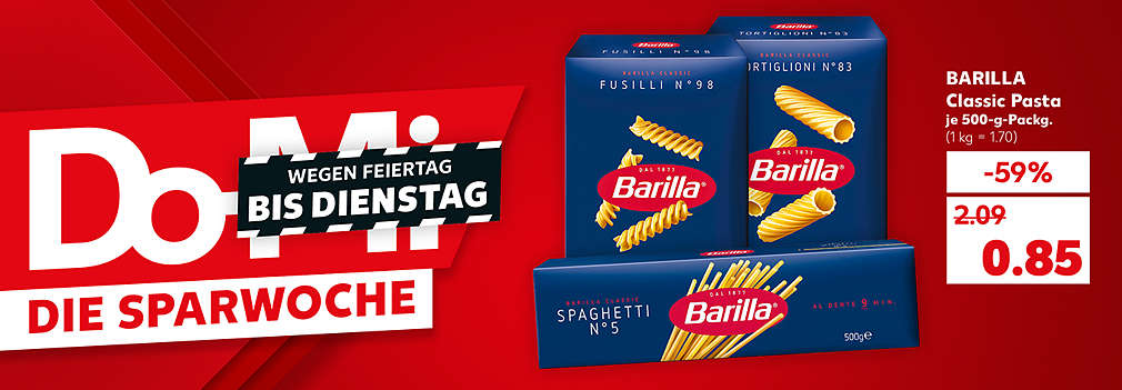 Produktabbildung: BARILLA Classic Pasta, versch. Sorten, je 500-g-Packg., - 59 %, 0.85 Euro; Schriftzug: Do-Mi die Sparwoche, wegen Feiertag bis Dienstag