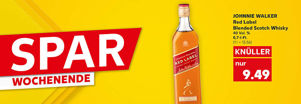 Produktabbildung: JOHNNIE WALKER Red Label Blended Scotch Whisky, 40 Vol. %, 0,7-l-Fl., Knüller, 9.49 Euro (1 l = 13.56); Schriftzug links: Spar-Wochenende