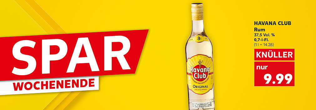 Produktabbildung: HAVANA CLUB Rum echter kubanischer Rum, 37,5 Vol. %, 0,7-l-Fl., Knüller, 9.99 Euro (1 l = 14.28); Schriftzug links: Spar-Wochenende