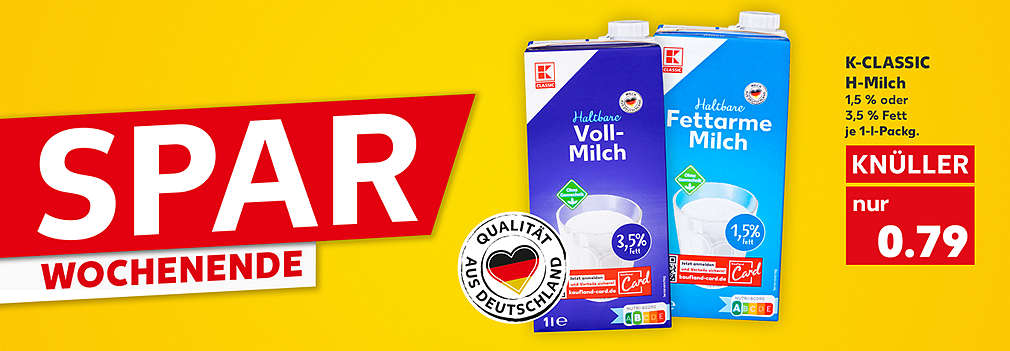Produktabbildung: K-CLASSIC H-Milch 1,5 % oder  3,5 % Fett, je 1-l-Packg.; Knüller, 0.85 Euro; Schriftzug links: Spar-Wochenende
