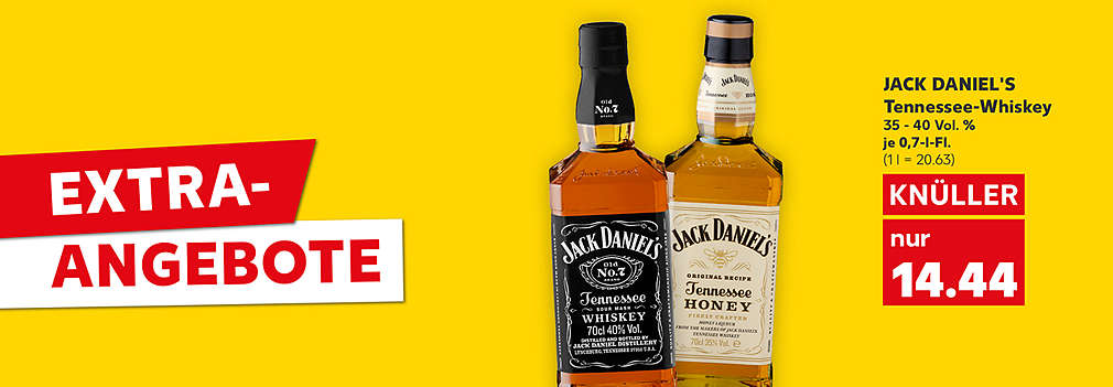 Produktabbildung: JACK DANIEL'S Tennessee-Whiskey Original, mit kraftvollem, würzigem Geschmack, oder Whiskey- Likör Honey, 35 - 40 Vol. %, je 0,7-l-Fl., Knüller, 14.44 Euro (1 l = 20.63); Schriftzug: Extra-Angebote