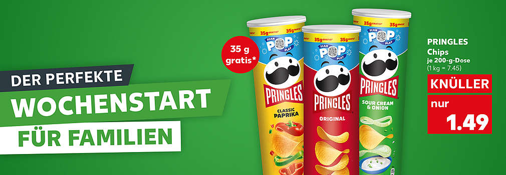 Produktabbildung: PRINGLES Chips Original, Sour Cream & Onions oder Classic Paprika, je 200-g-Dose, - 40 %, 1.49 Euro (1 kg = 7.45); Störer: 35 g gratis; Schriftzug: Der perfekte Wochenstart für den Familien