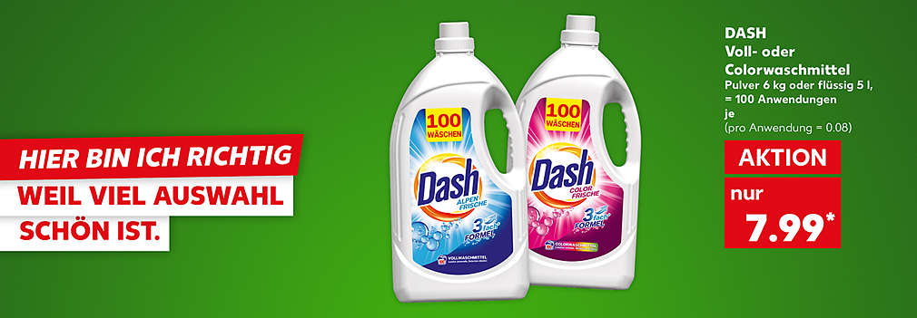 Produktabbildung: DASH Voll- oder Colorwaschmittel, Pulver 6 kg oder flüssig 5 l = 100 Anwendungen, Aktion, je 7.99 Euro* (pro Anwendung  = 0.08); Schriftzug: Hier bin ich richtig, weil ich viel für wenig Geld bekomme.
