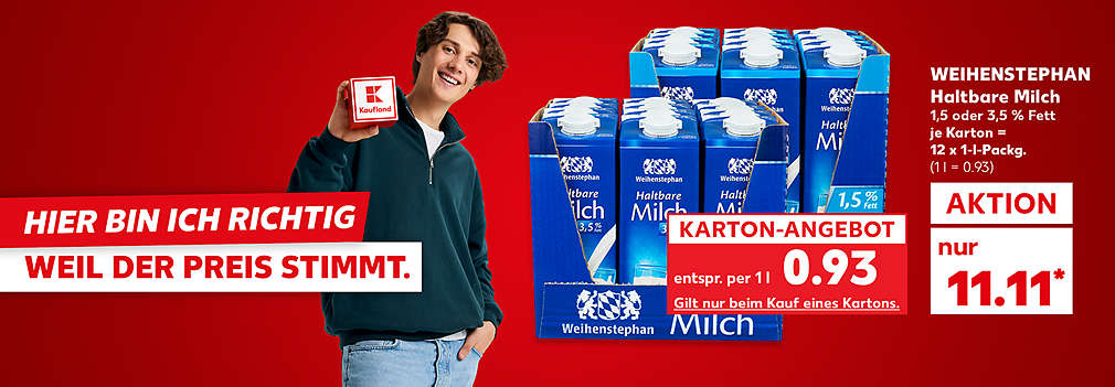 Produktabbildung: WEIHENSTEPHAN Haltbare Milch, 1,5 oder 3,5 % Fett, je Karton = 12 x 1-l-Packg., Aktion 11.11 Euro* (1 l = 0.93); Störer: Karton-Angebot entspr. per 1 l 0.93 Euro; Gilt nur beim Kauf eines Kartons; Schriftzug: Hier bin ich richtig, weil der Preis stimmt.