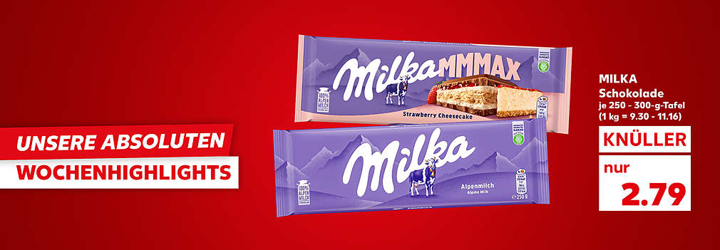 Produktabbildung: MILKA Schokolade, je 250 - 300-g-Tafel., Knüller, 2.79 Euro (1 kg = 9.30 - 11.16); Schriftzug: Unsere absoluten Wochenhighlights