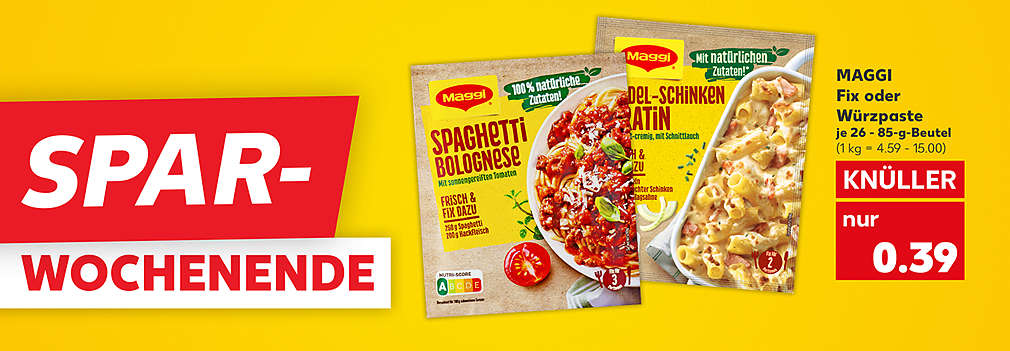 Produktabbildung: MAGGI Fix oder Würzpaste, je 26 - 85-g-Beutel, Knüller, 0.39 Euro (1 kg =  4.59 - 15.00); Schriftzug: Spar-Wochenende