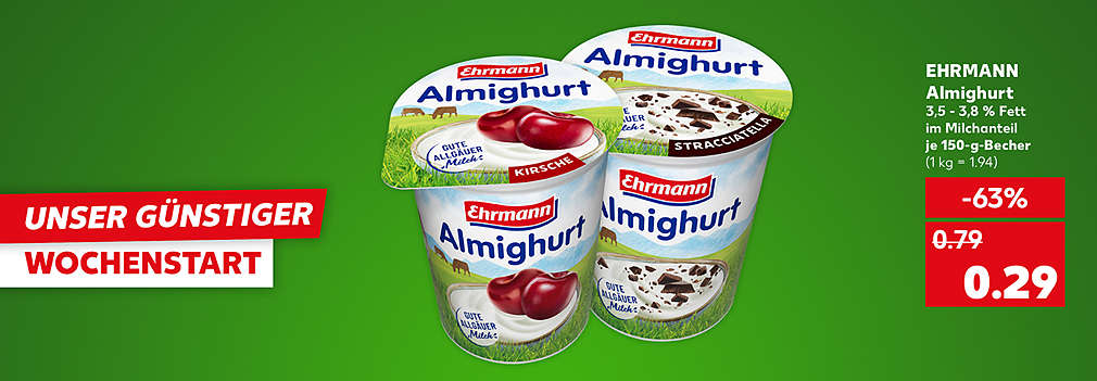 Produktabbildung: EHRMANN Almighurt Fruchtjoghurt, versch. Sorten, 3,5 - 3,8 % Fett im Milchanteil, je 150-g-Becher, - 63 %, 0.29 Euro (1 kg = 1.94); Schriftzug: Unser günstiger Wochenstart
