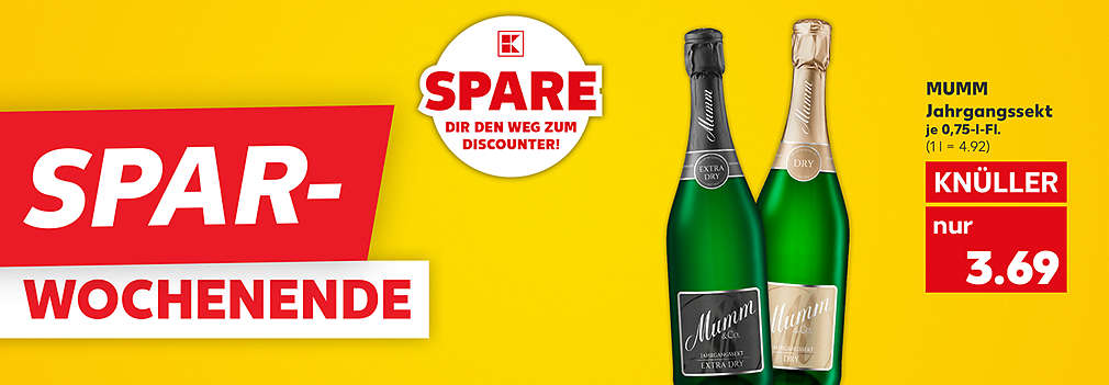 Produktabbildung: MUMM Jahrgangssekt versch. Sorten, auch alkoholfrei, je 0,75-l-Fl., Knüller, 3.69 Euro (1 l = 4.92); Schriftzug: Spar-Wochenende