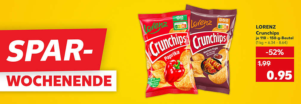 Produktabbildung: LORENZ Crunchips, versch. Sorten, je 110 - 150-g-Beutel, - 52 %, 0.95 Euro (1 kg = 6.34 - 8.64); Schriftzug: Spar-Wochenende