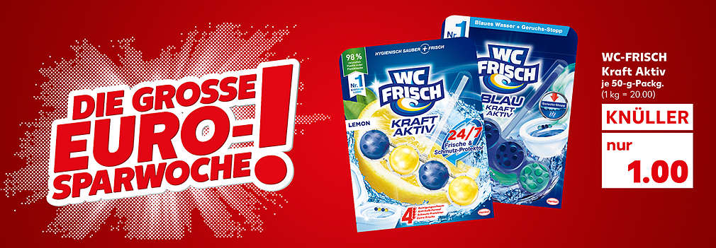 Produktabbildung: WC-FRISCH Kraft Aktiv, je 50-g-Packg., Knüller, 1.00 Euro (1 kg = 20.00), Schriftzug: Die große Euro-Sparwoche!