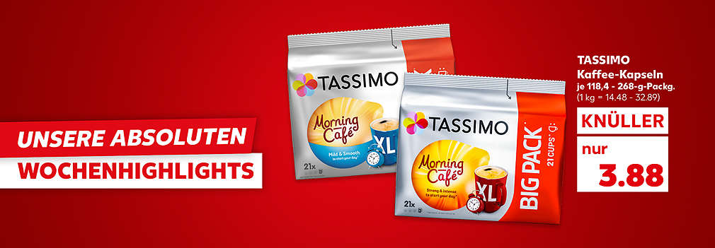 Produktabbildung: TASSIMO Kaffee-Kapseln, je 118,4 - 268-g-Packg., Knüller, 3.88 Euro (1 kg = 14.48 - 32.89); Schriftzug: Unsere absoluten Wochenhighlights