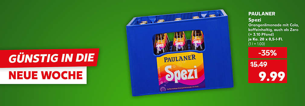 Produktabbildung: PAULANER Spezi, Orangenlimonade mit Cola, koffeinhaltig, auch als Zero, je Ka. 20 x 0,5-l-Fl., -35 %, 9.99 Euro (+ 3.10 Pfand) (1 l = 1.00); Schriftzug: Günstig in die neue Woche