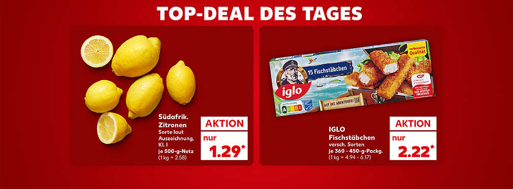 Produktabbildung: Südafrik. Zitronen, Kl. I,  je 500-g-Netz, Knüller, 1.29 Euro (1 kg = 2.58); Schriftzug: Top-Deal des Tages