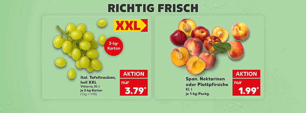 Produktabbildung: Ital. Tafeltrauben, hell XXL, Viktoria, Kl. I , je 2-kg-Karton, Aktion, 3.79 Euro (1 kg = 1.90); Schriftzug: Richtig frisch