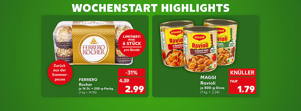 Produktabbildung: FERRERO Rocher, je 16 St. = 200-g-Packg., -31 %, 2.99 Euro (1 kg = 14.95); Schriftzug: Wochenstart Highlights