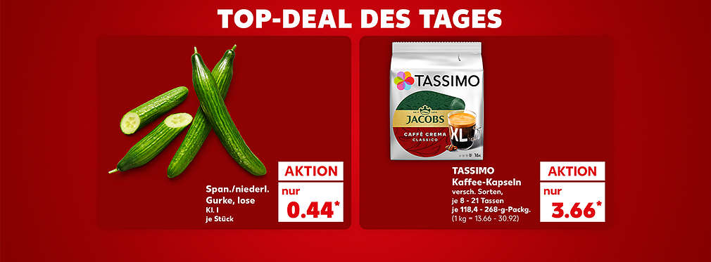 Produktabbildung: Span./niederl. Gurke, lose Kl. I, je Stück, Aktion, 0.44 Euro; Schriftzug: Unser Deal des Tages