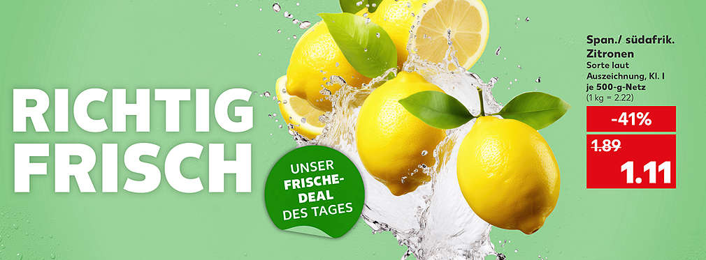 Produktabbildung: Span./südafrik. Zitronen, je 500-g-Netz, - 41 %, 1.11 Euro (1 kg = 2.22); Schriftzug: Richtig frisch; Störer: Unser Frische-Deal des Tages