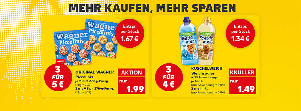 Schriftzug: Kaufe 2 + 1 gratis; Produktabbildung: ARTIKEL Produkt, KL. I, je X Stück, -XX%, X.XX Euro (Entspr. pro Stück X.XX); Produktabbildung: ARTIKEL Produkt, KL. I, je X Stück, -XX%, X.XX Euro (Entspr. pro Stück X.XX); 